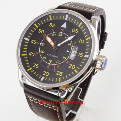 Corguet 42MM Black Dial Date Yellow Marks Leather Strap Automatic Men's Watch
