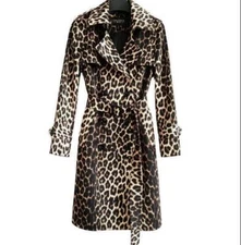 Leopard Print Trench Coat Women's Mid-Length Jacket Slim Long-Sleeved Coat NEW