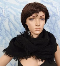 viscose black infinity loop fringe border scarf, about 22" wide without fringe