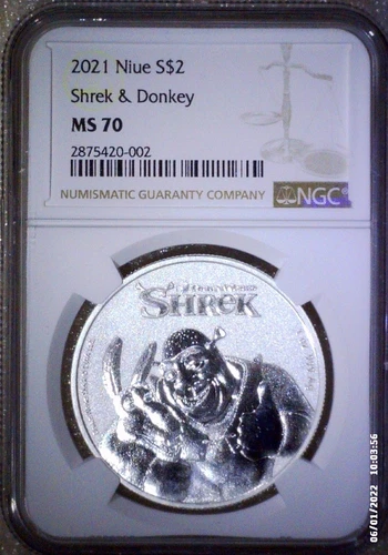 2021 NIUE 1 Oz Silver $2 Shrek & Donkey NGC MS70 2875420-002