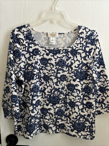 Talbots Petites Shirt Sz Medium Wht Blue Floral Cotton Blend 3/4 Sleeve EUC