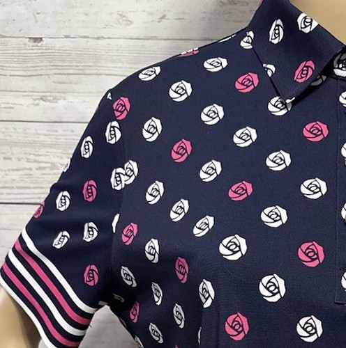 Retro Rhinestone Rose Print Polo XXL Navy Blue Pink White Floral Collared Shirt - Picture 3 of 14