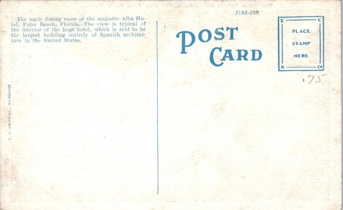 1920s Queen Isabella Dining Room The Alba Hotel Palm Beach FL Postcard - 第 2/2 張圖片