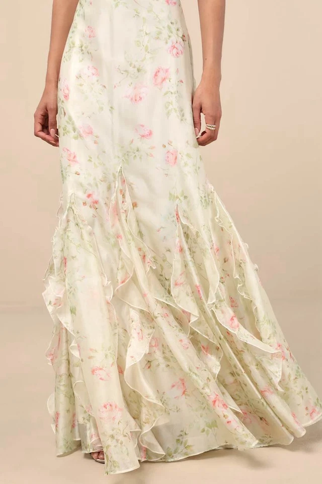 Lulus Deluca Dress Women's XS Cream Floral Maxi Ruffled Sleeveless NWOT - Image 4 of 4