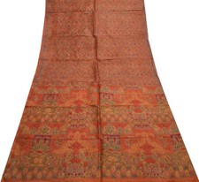 Sushila Vintage Orange Scrap Saree 100% Pure Silk Printed Floral Sari Fabric