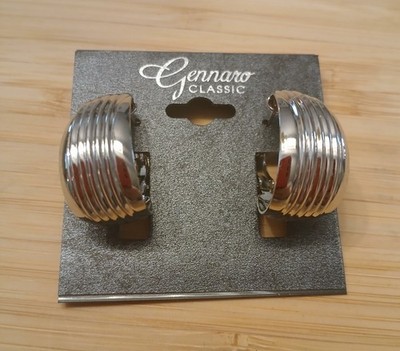NWT - Gennaro Classic Silver Tone Textured Oval Hoop Earrings Clip On 1''