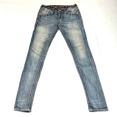Y2K Rock Revival Skinny LENI Jeans WMS 27 Stretch Rhinestone Thick Stitch