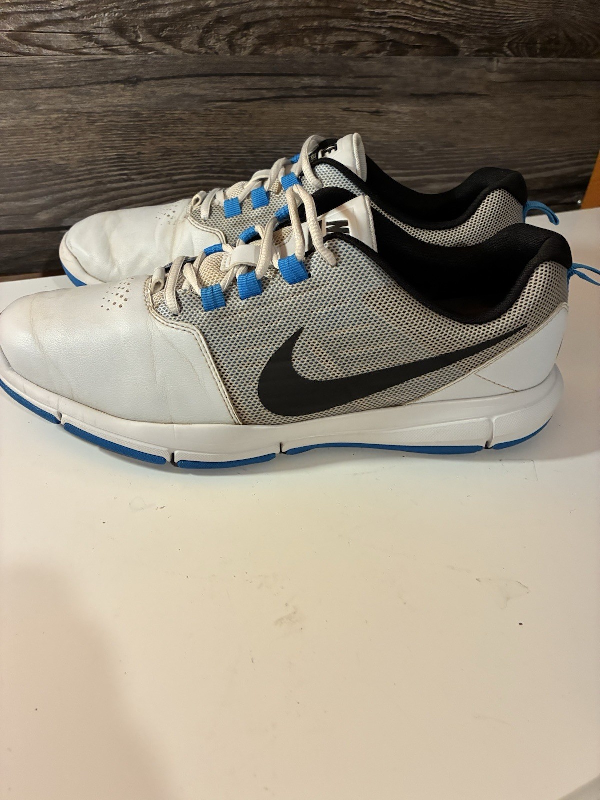 White Blue Leather Mesh Spiked Sneakers Lace Up