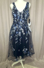Alex Evenings Dress 6 Navy Floral Embroidered Tulle Midi Tea Length Formal NWT $