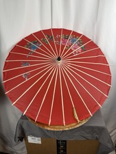 Vintage Asian Red Paper Parasol Umbrella Hand Painted Floral Bamboo Decorative