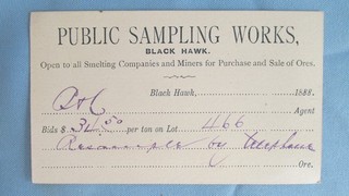 1888 Black Hawk Colorado Public Sampling Works Hard Stock Ore Purchase Bid Card