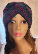 Handmade Crochet Headband Ear Warmer 2-Tone Striped  Eggplant  Green
