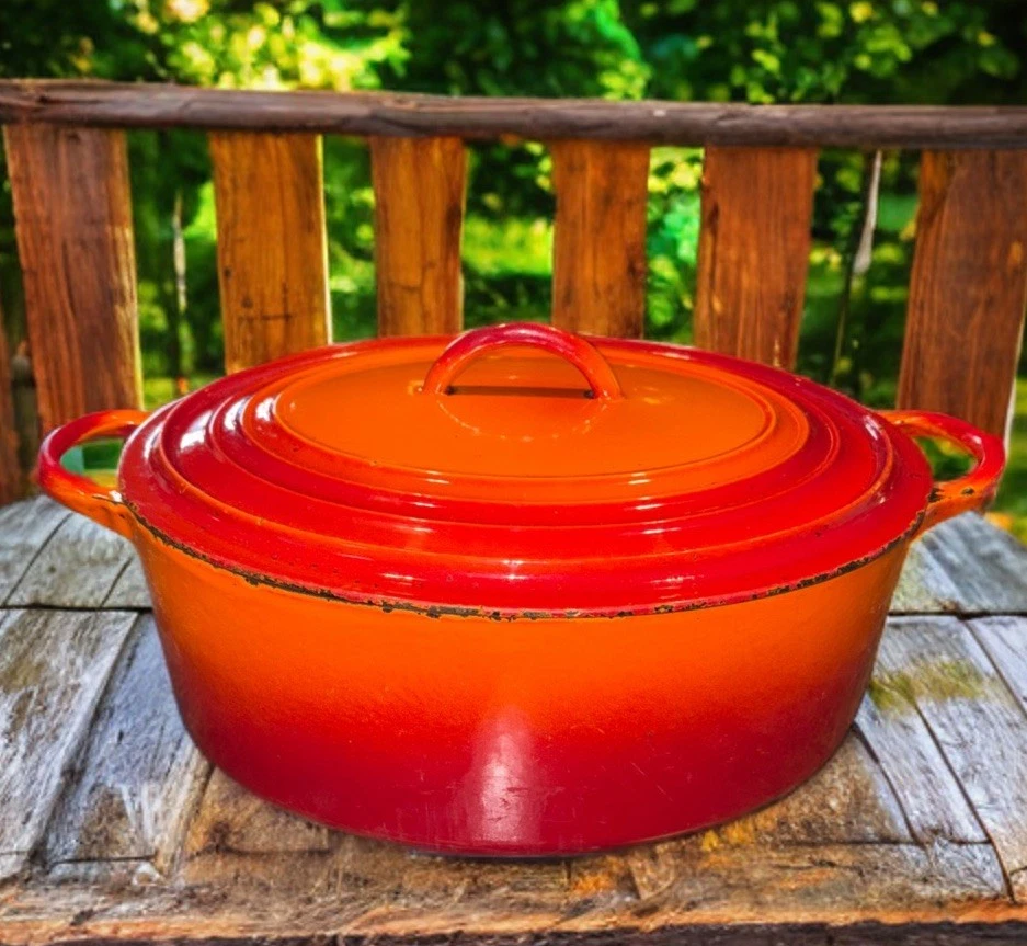 Vtg Le Creuset Dutch Oven Volcanic Flame Enameled Cast Iron Casserole BIS Marked
