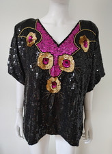 70s JLB Vintage silk Gold Pink Sequin Party Disco Holiday embellish Glam Top 1X