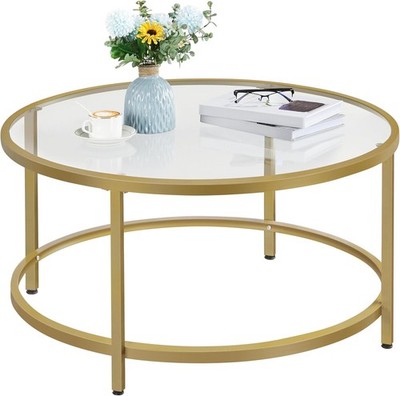 Yaheetech Gold Glass Coffee Table for Living Room, 36'' Round Glass Coffee Table