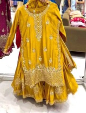 New Heavy Chinnon Mustard Yellow Top Palazzo And Dupatta For Traditional Wear