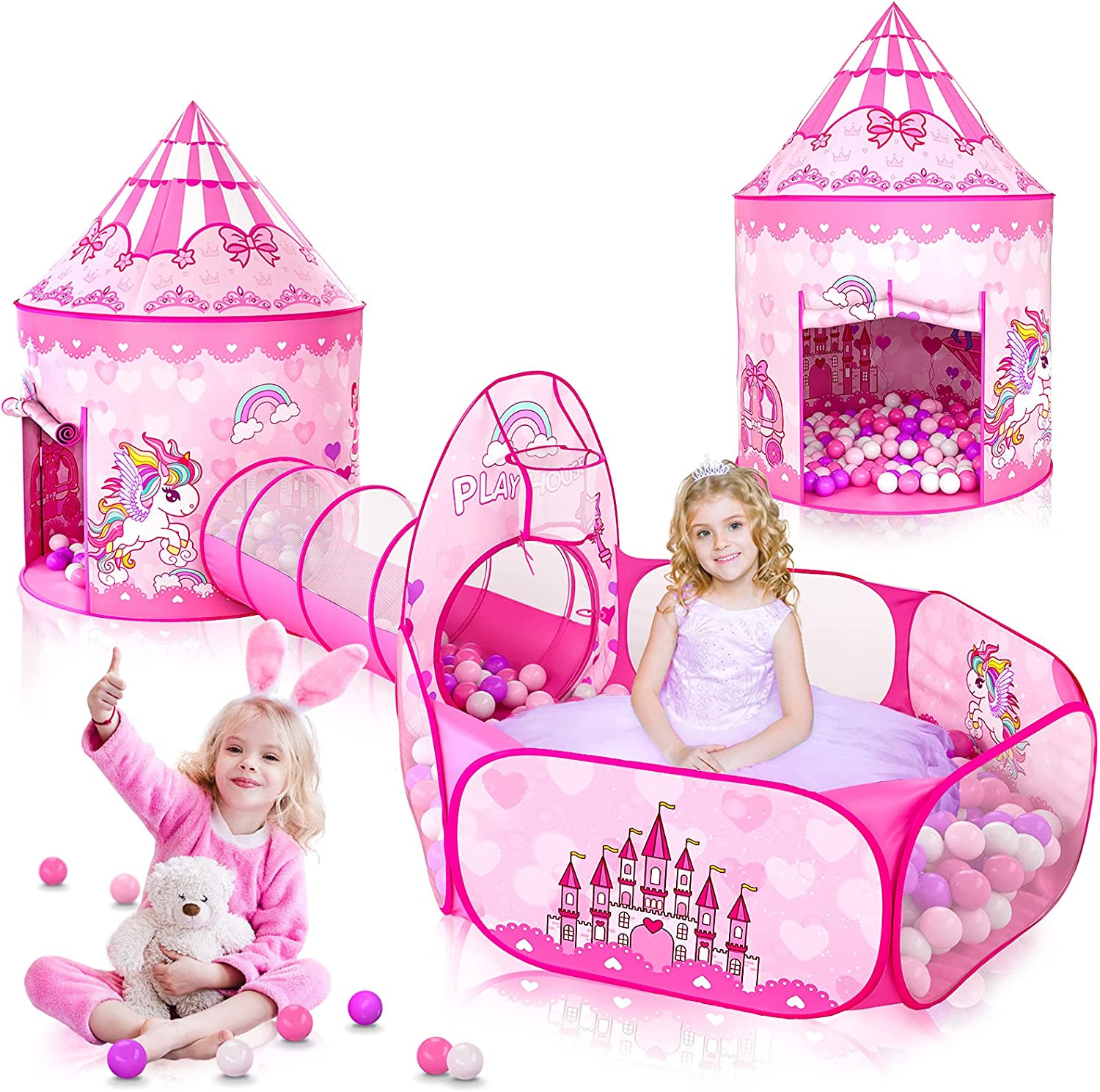 3PC Princess Tent for Girls with Kids Ball Pit and Crawl Tunnel for Toddlers, Pi