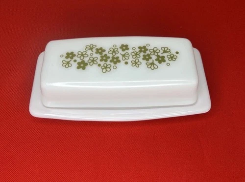 Pyrex Corelle Spring Blossom Crazy Daisy Covered Butter Dish Green Vintage