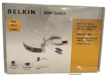 NEW BELKIN KVM Switch VGA PS/2 2-Port Switch P58458 Micro Cables White