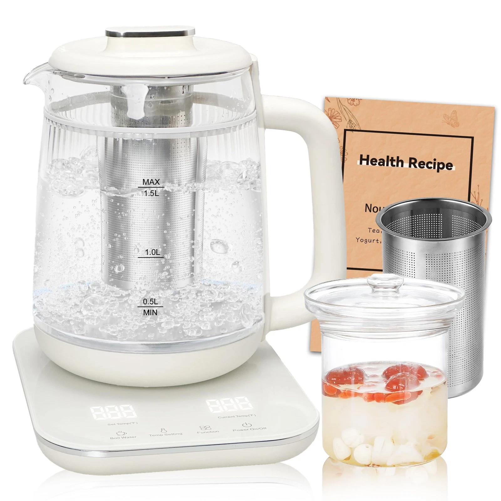 Double-Layer Kettle1.5L with Stew Pot,Glass Pot, 9-in-1 Glass Tea Maker, Prog...