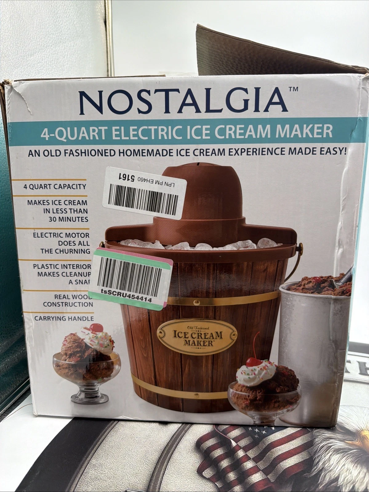 Nostalgia Ice Cream Maker 4 qt. Capacity See-Through Lid Wood Bucket Brown