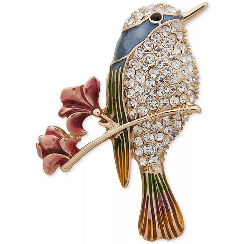 Anne Klein Gold-Tone Multi Crystal Bird on Branch Pin NWT Women's Multicolor