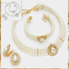 Pearl Bridal Wedding Teardrop Crystal Choker Necklace layered Earrings Bracelet