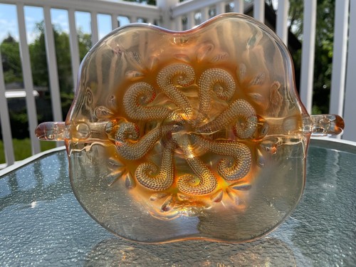 VTG Dugan Carnival Glass Marigold Question Mark, Footed Bon Bon Dish-2 Handles - Picture 2 of 8
