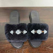 TORY BURCH EMBELLISHED GENUINE SHEARLING SLIDE SLIPPER BLACK SZ 6 NEW W/OUT BOX