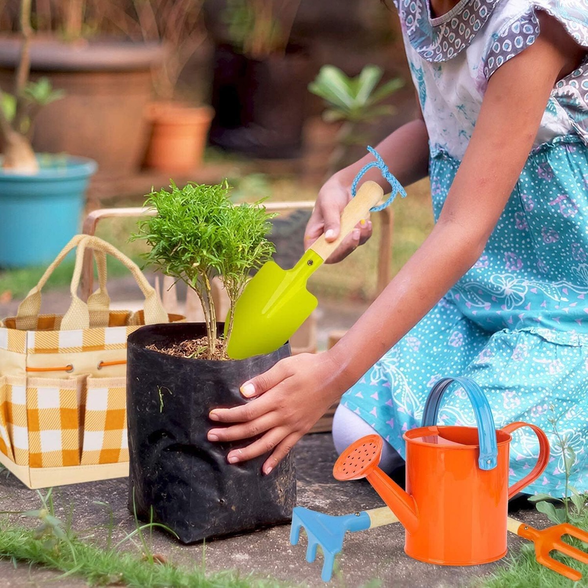 Evelure – Set De Jardinage 6 Pièces Pour Enfants – Arrosoir, Gants, Pelle, Râteau, Couteau – Dans Un Sac De Transport – Pour Bac à Sable Ou Jardin