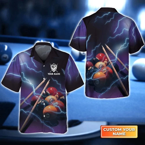Billiard 9 Ball Thunder Lightning Personalized Name 3D Hawaiian Shirt, Billiard
