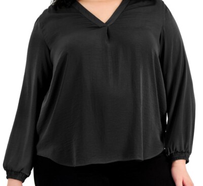 Alfani Women's Black V-Neck Long Sleeve Blouse Size 1X Washed Satin