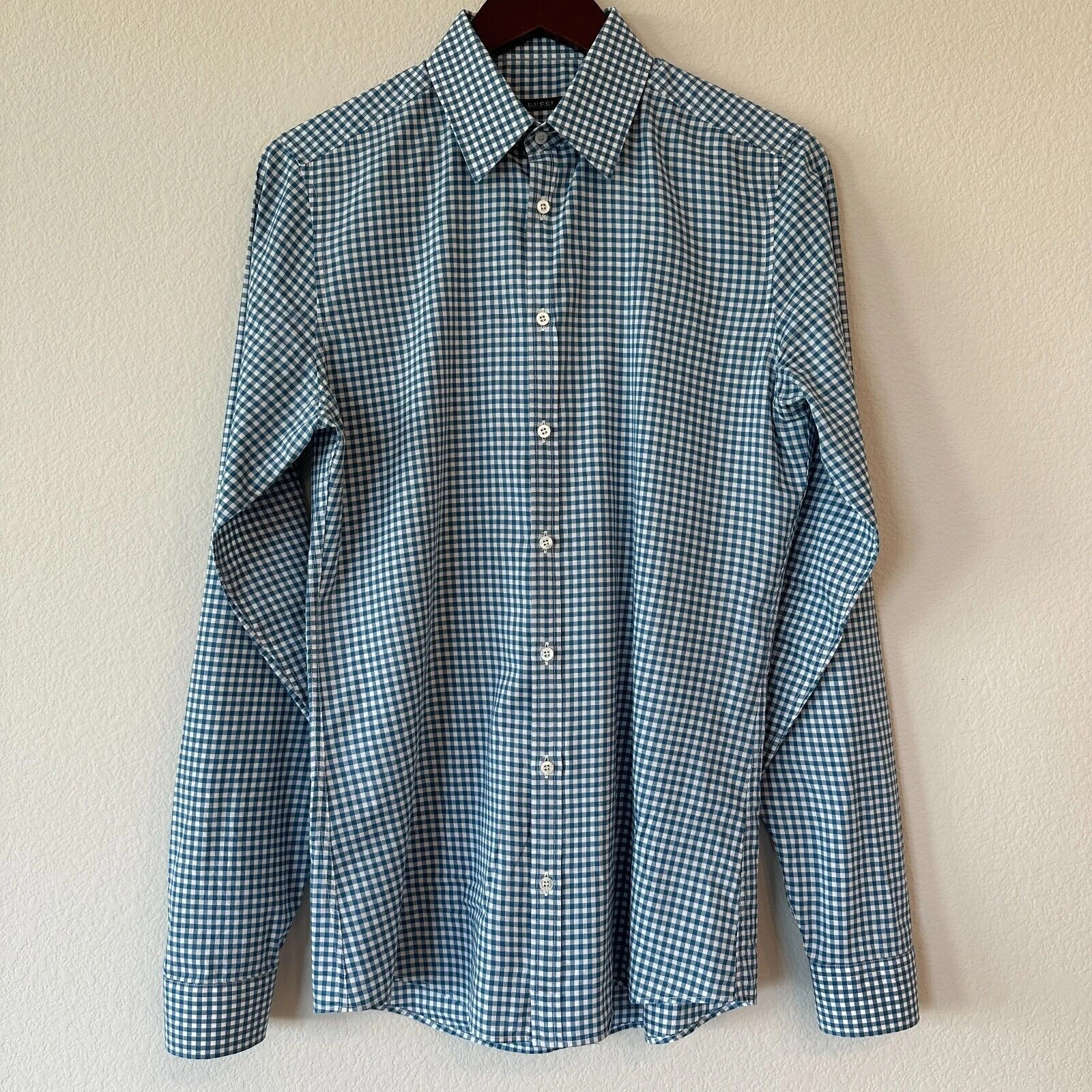 Chemise habillée homme Gucci bleu sarcelle/blanc motif carreaux slim taille 15 (US) 38 (EU)