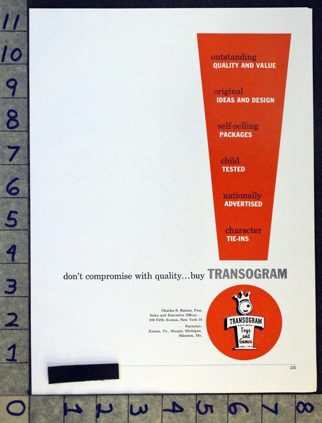 Transogram 1958 TRANSOGRAM GAME COMP CHARLE RAIZEN STURGIS MICHIGAN SIKESTON TOY ...