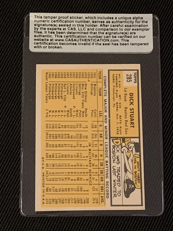 DICK STUART 1963 TOPPS SIGNED AUTOGRAPHED CARD #285 BOSTON RED SOX CAS AUTHENTIC - Image 2 of 2
