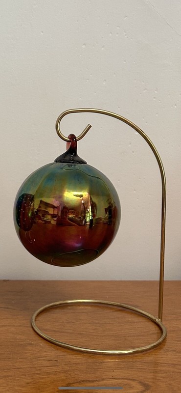 Iridescent Hand Blown Swirl Art Glass Window Or Tree Ornament Orb With Stand