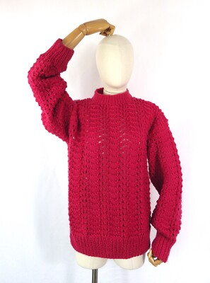 Vintage hand knit crochet pink cerise wool chunky sweater jumper