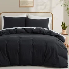  100% Washed Cotton Duvet Cover Set Size, Linen Like Natural Bedding King Black