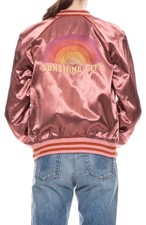 Mother Satin Letterman Bomber Jacket Embroidered Rainbow Cute Retro Pink Size S