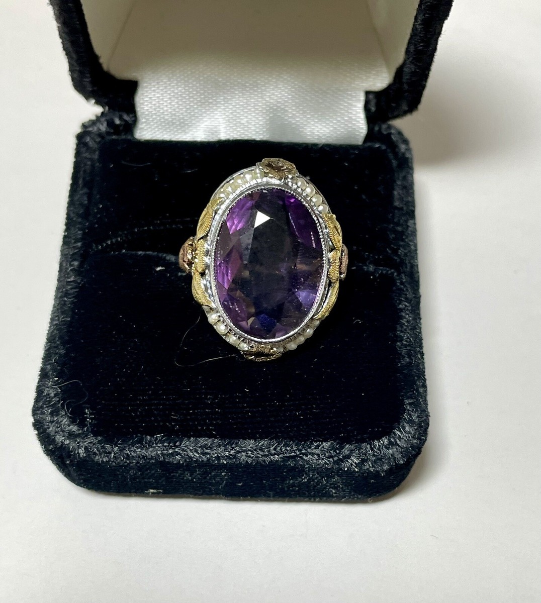Antique Amethyst 14k White Gold With Rose Gold Accents Ring Estate 