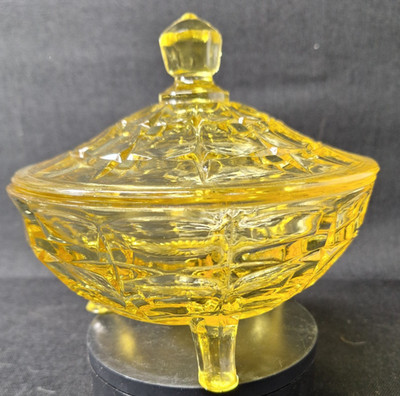 Vintage Indiana Tiara Glass Yellow Mist Constellation Dish & Cover Splayed Feet