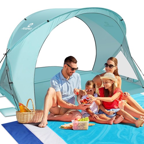 Beach Tent Sun Shelter, Beach Tent with Beach Mat Set, 4 Person Portable Beac...