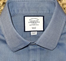 Charles Tyrwhitt Men  s Blue Check Slim Fit Non-Iron L/S Dress Shirt Size 16.5x35