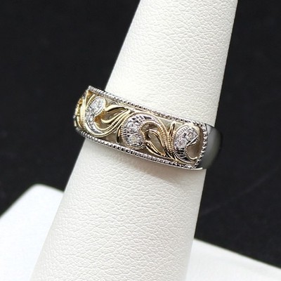 Vintage bicolor Gold breiter Fischgrät natürlicher Diamant Bandring Gr.7 Nachlass NEU!