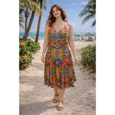 Boho Sleeveless Hippie Festival Beach Vacation Floral Halter Midi L Dress