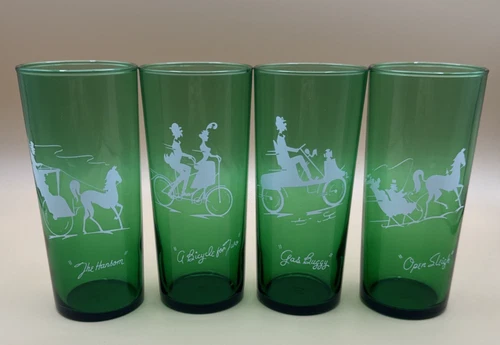 4 Anchor Hocking Forest Green Tall Ice Tea Glasses Tumblers Gay Nineties Vintage