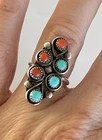 Vintage Zuni Sterling Silver Petit Point Snake Eye Turquoise & Coral Ring Sz 4