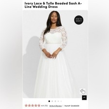 Ivory Lace  Tulle Beaded A-Line Plus Size Wedding Dress 3/4 Sleeve Scoop Neck