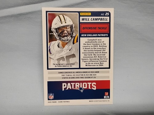 Will Campbell 2025 Panini Score Rookie Autographed New England Patriots LSU 25 - Picture 3 of 4
