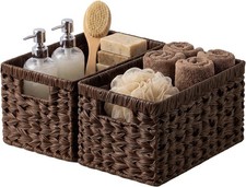 Storage Baskets, Wicker, Hand-Woven, Waterproof, Rectangle, Brown, 2-Pack